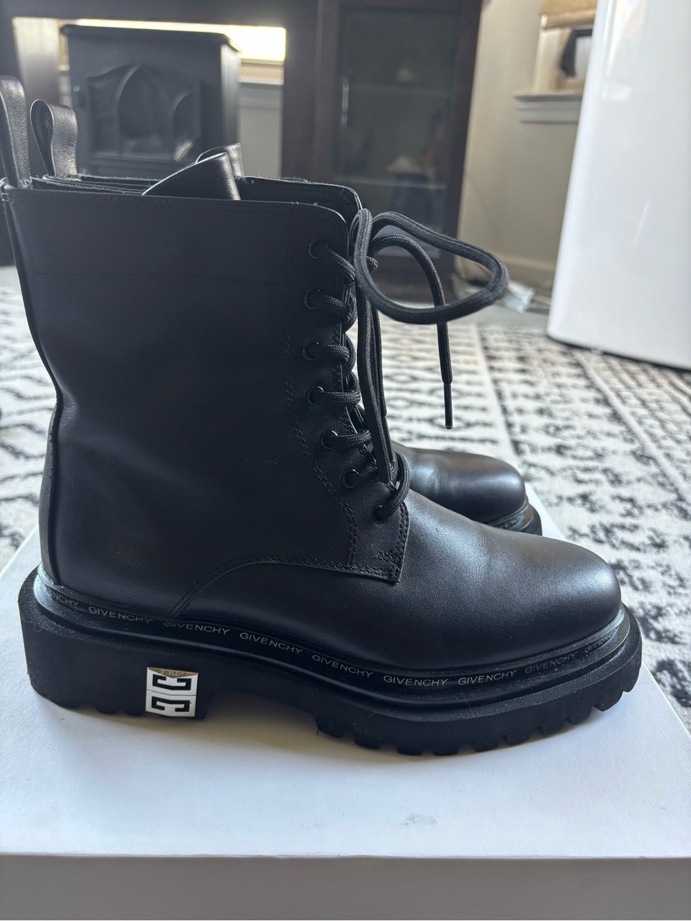 Givenchy Black Leather Lace-Up Combat Boots with Signature Heel Accent